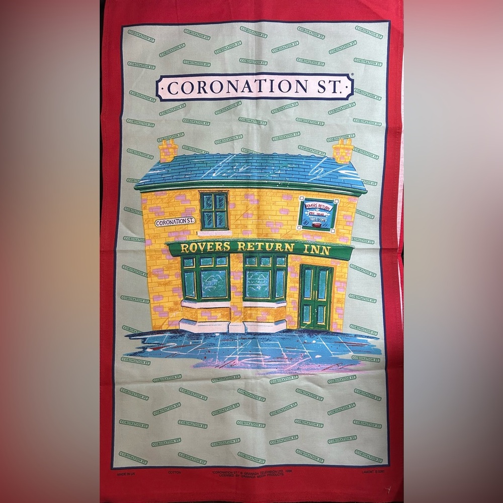 1998 Coronation Street Rovers Return Inn Red Tea Towel NWOT